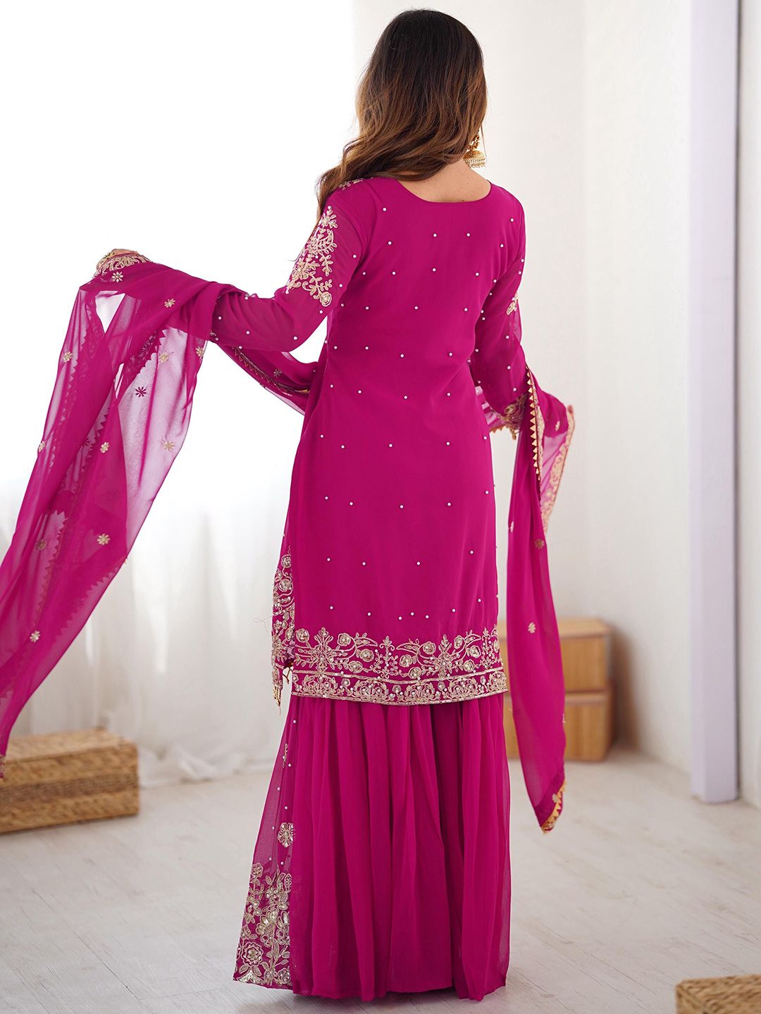 Dhiyona KL Women Ethnic Motifs Embroidered Regular Sequinned Kurta with Sharara & Dupatta