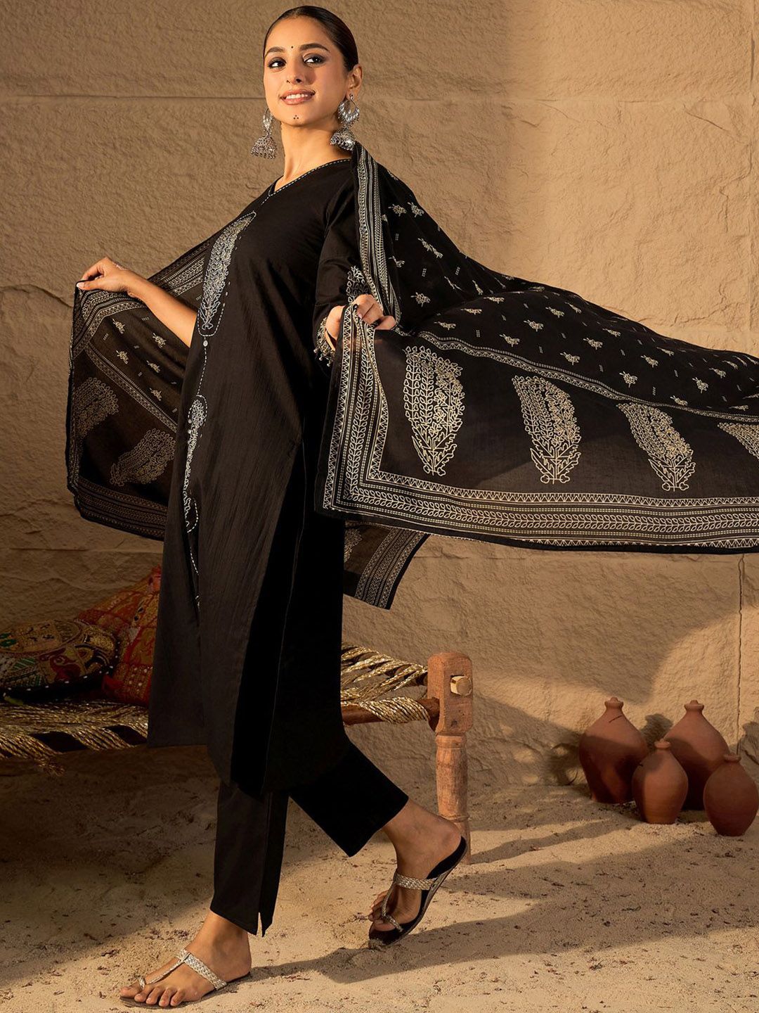 Women Printed Pure Cotton Kurta with Trousers & Dupatta