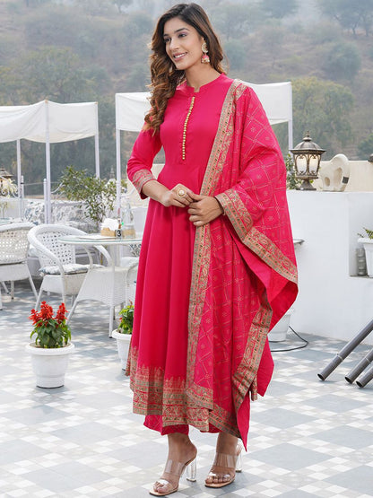 Dhiyona KL Ethnic Motifs Printed Mandarin Collar Anarkali Kurta with Trouser & Dupatta