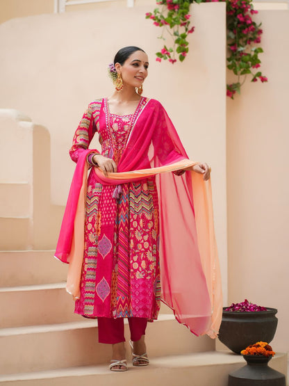 Dhiyona RR Women's Floral Printed Empire Sequinned Kurta with Trousers & With Dupatta