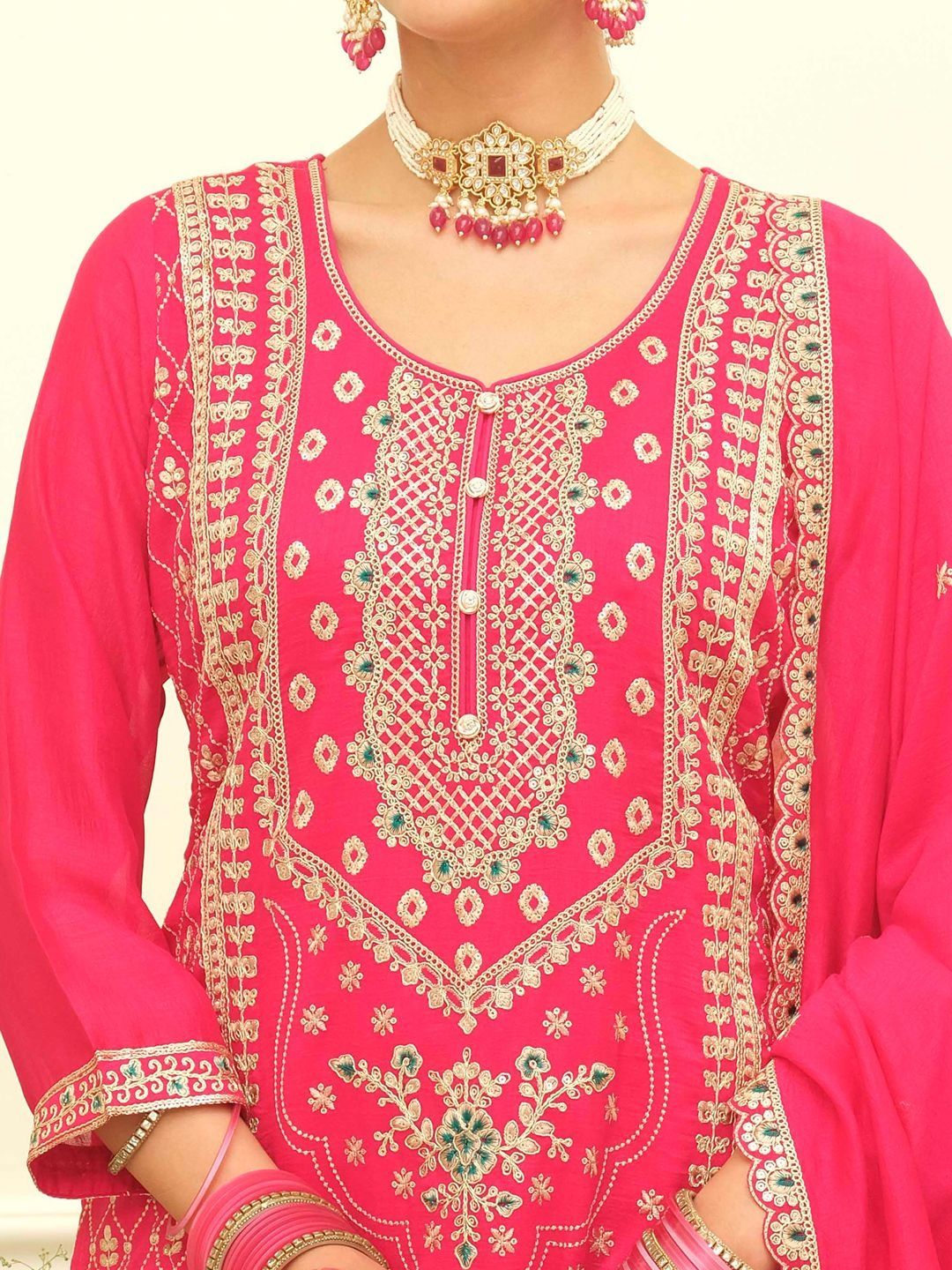 Dhiyona IE Women Ethnic Motifs Embroidered Regular Thread Work Kurta with Palazzos & With Dupatta