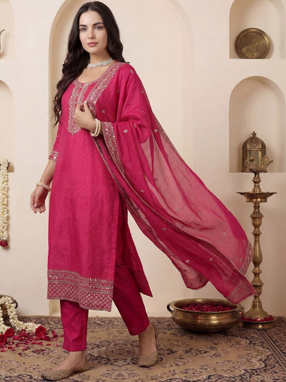 Women Ethnic Motifs Embroidered Regular Chanderi Cotton Kurta with Trousers & With Dupatta