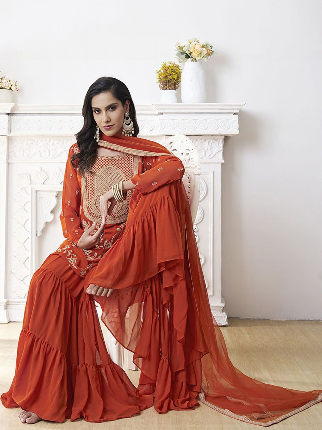 Dhiyona IN Floral Embroidered Thread Work Georgette A-Line Kurta With Sharara & Dupatta