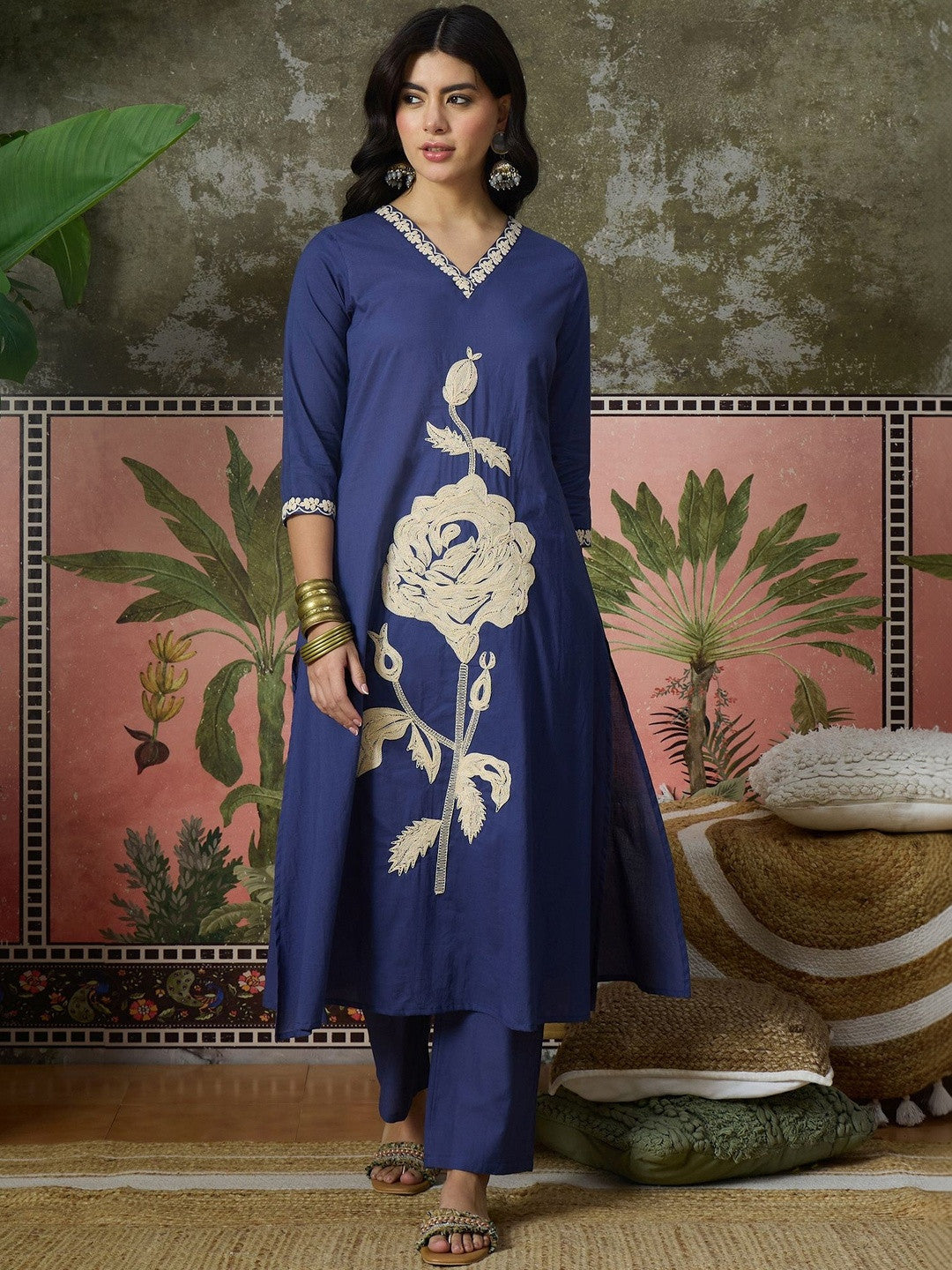 Embroidered V-Neck Kurta Trousers & Dupatta