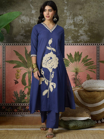 Embroidered V-Neck Kurta Trousers & Dupatta