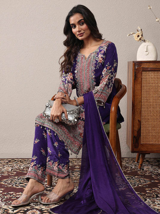 Women Floral Printed Regular Mirror Work Silk Crepe Kurta with Trousers & With Dupatta