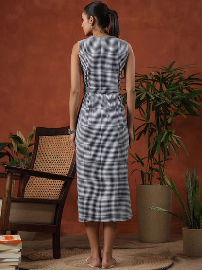 Dhiyona AY Women's Checked Cotton A-Line Midi Dress With Belt