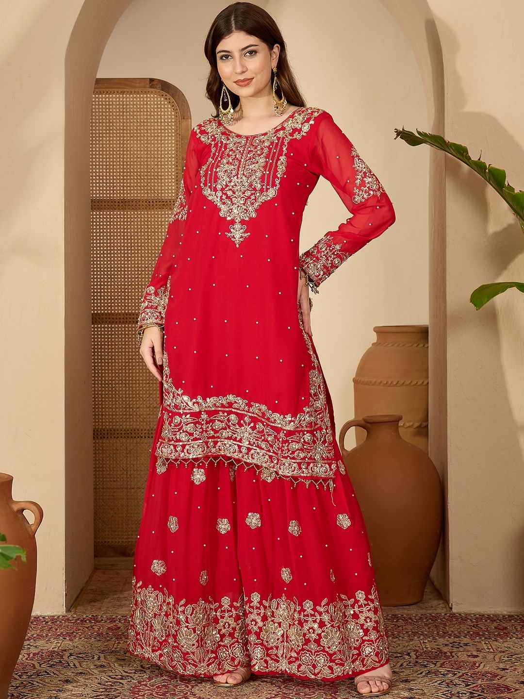 Dhiyona SN Red Faux Georgette Coding & Sequence With Pearl Work Kurta Sharara And Dupatta