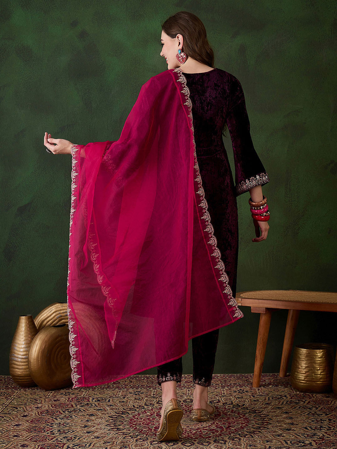 Floral Embroidered Sequinned Velvet Kurta with Trouser & Dupatta