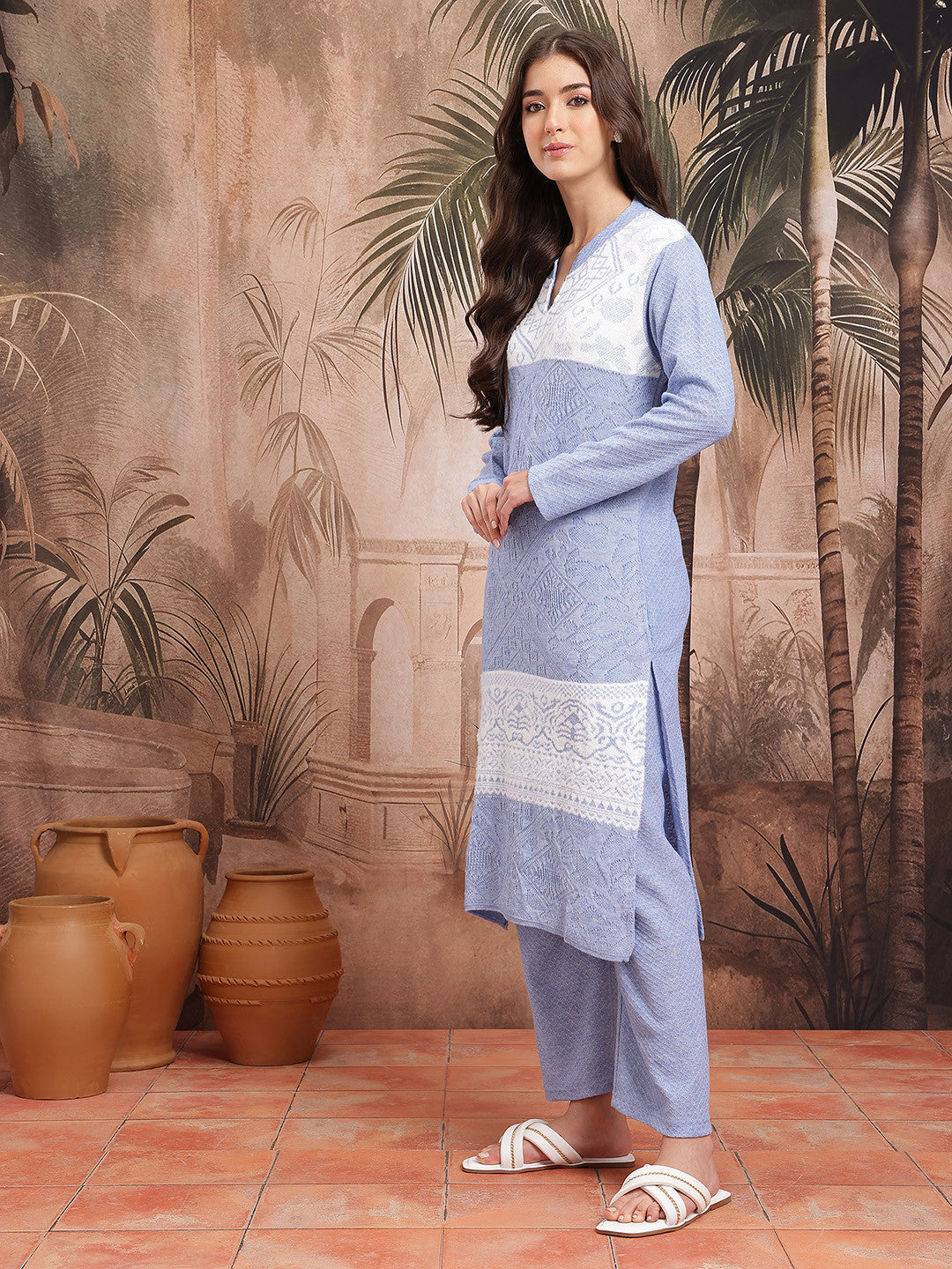 Ethnic Motifs Woolen Straight Winter Kurta With Trousers & Dupatta