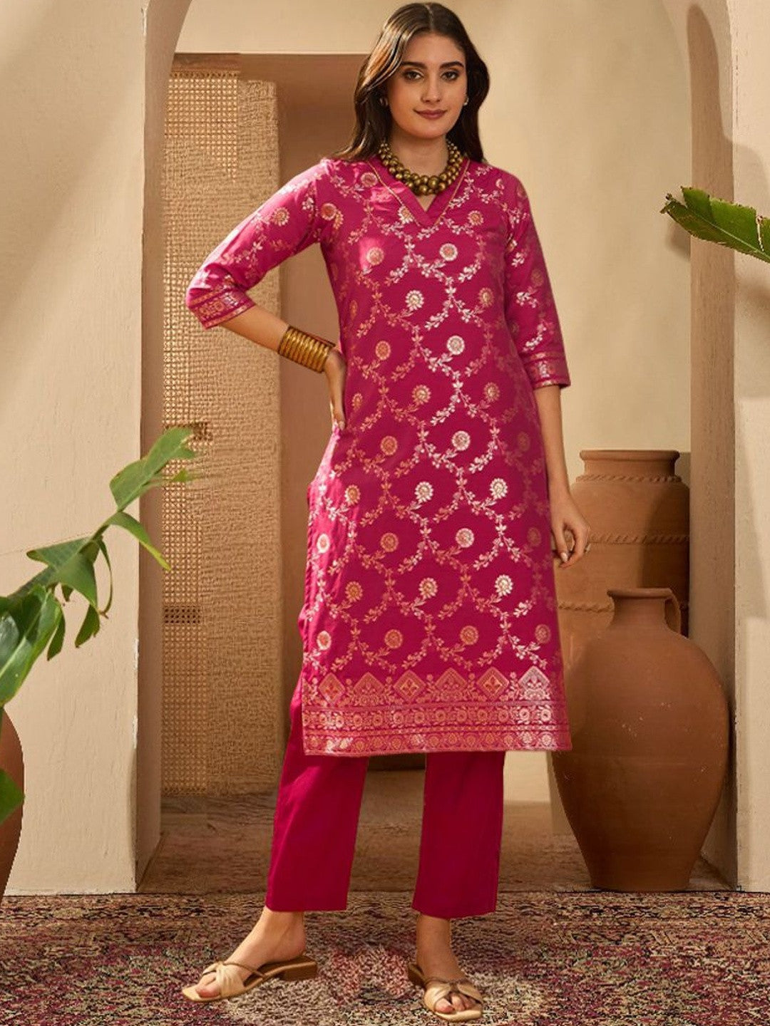 Women Motifs Pashmina Woven Design Gotta Patti Kurta With Trousers & Dupatta