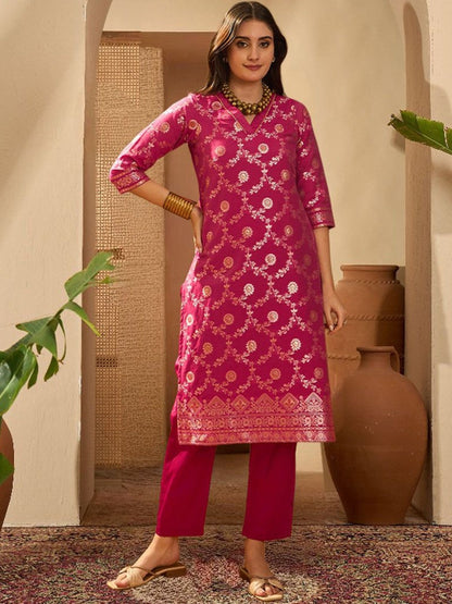 Women Motifs Pashmina Woven Design Gotta Patti Kurta With Trousers & Dupatta