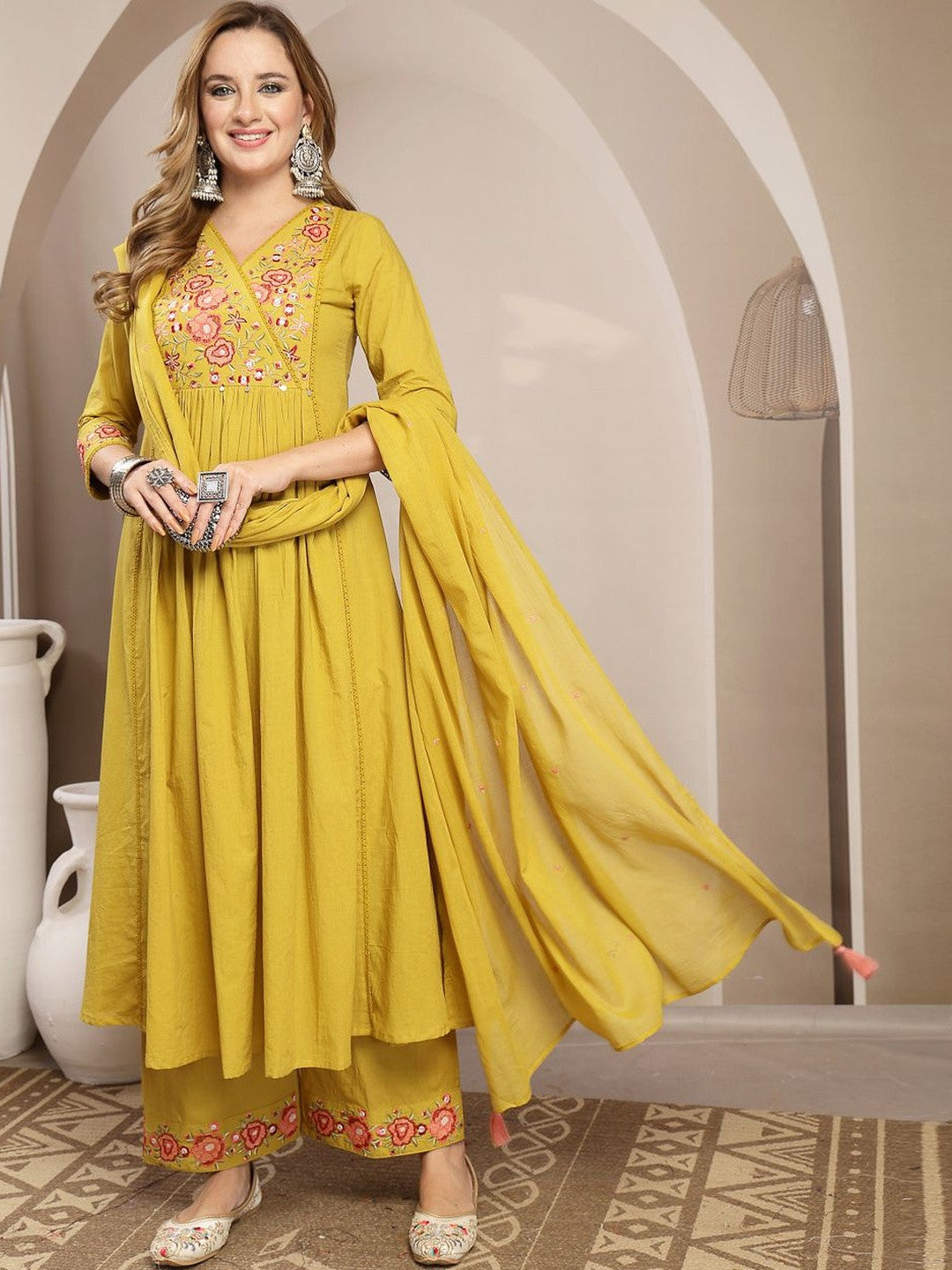 Dhiyona SN Women Floral Embroidered Angrakha Thread Work Pure Cotton Kurta with Palazzos & With Dupatta