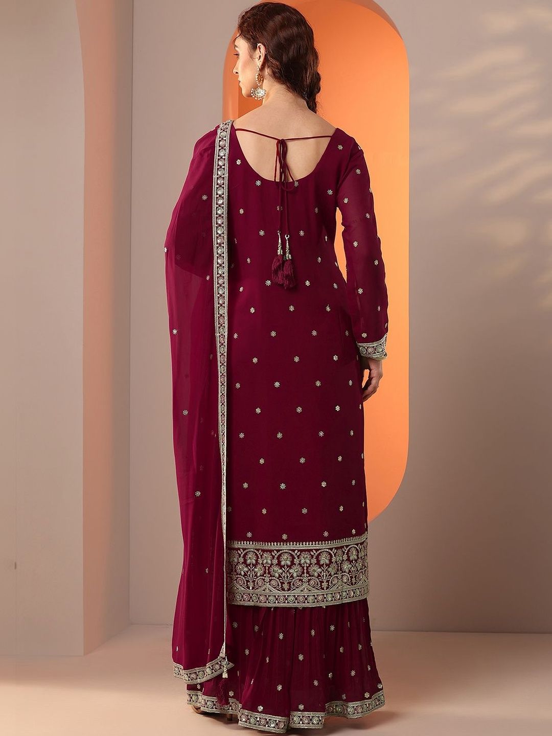 Dhiyona LL Women Ethnic Motifs Embroidered Regular Thread Work Kurta with Sharara & With Dupatta