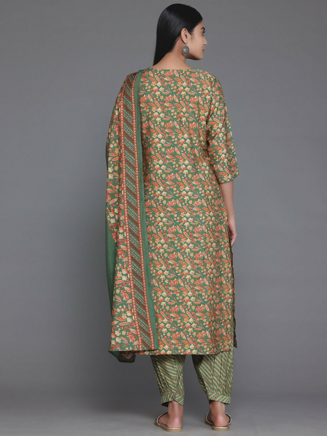 Women's LB Green Printed Silk Blend Straight Suit With Dupatta