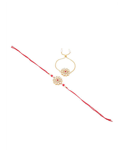 Dhiyona Set Of 2 Gold Toned Kundan Floral Design Bhaiya Bhabhi Rakhi Set With Roli Chawal