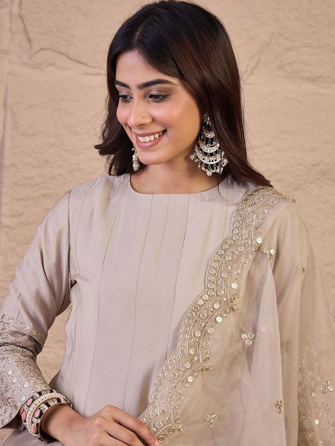 Dhiyona IN Women Floral Self Design Regular Sequinned Kurta with Palazzos & Dupatta