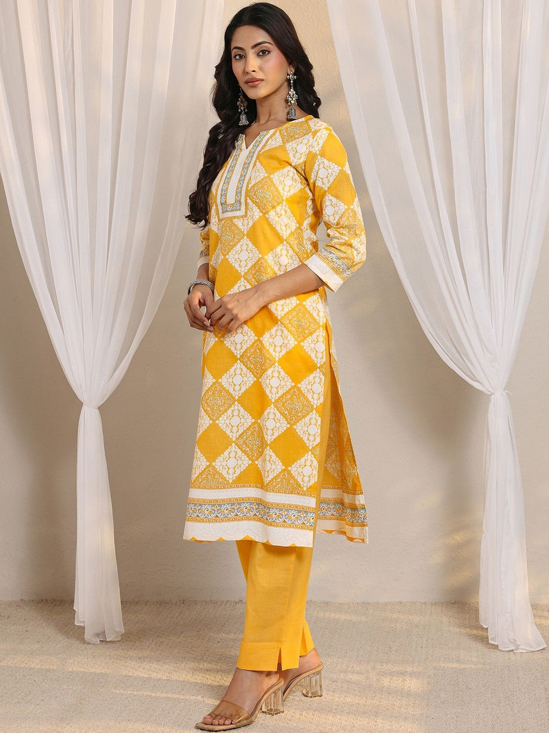 Libas Yellow Geometric Printed Straight Suit Set with Dupatta