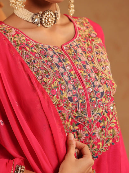 Dhiyona SC Women Fuchsia Silk Embroidered-Handwork Sharara Set