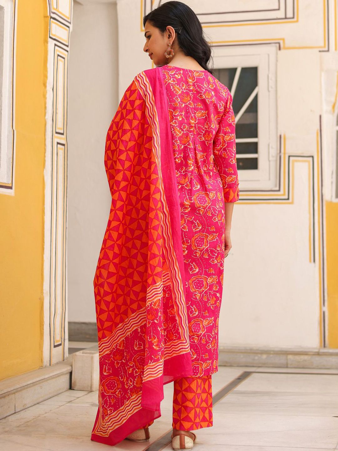 Dhiyona RR Women's Floral Printed Cotton A-Line Kurta with Trousers & Dupatta