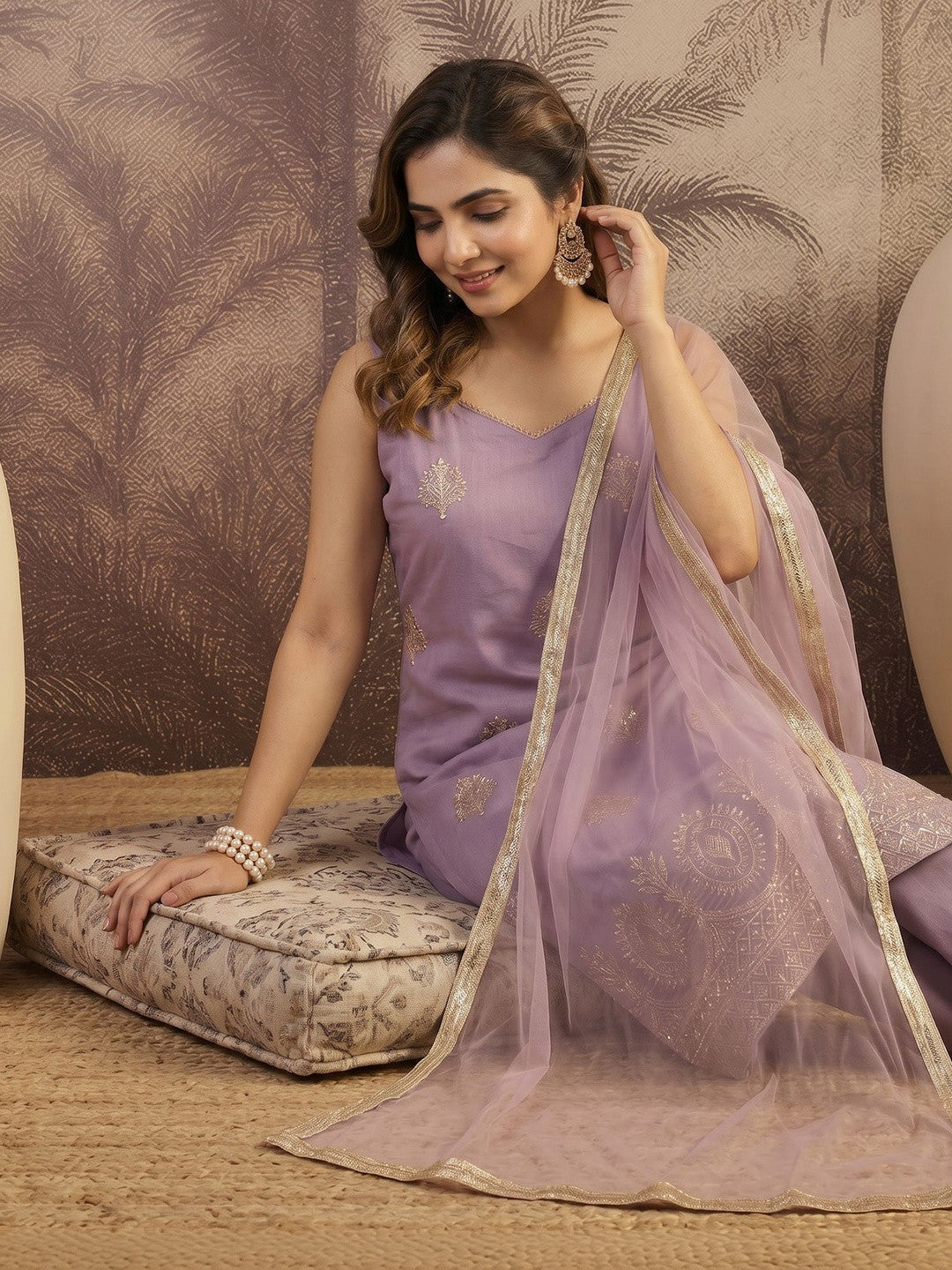 Embroidered V Neck Kurta Sets