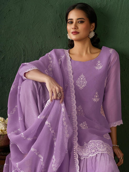 Dhiyona KL Women Ethnic Motifs Embroidered Thread Work Kurta With Sharara & With Dupatta