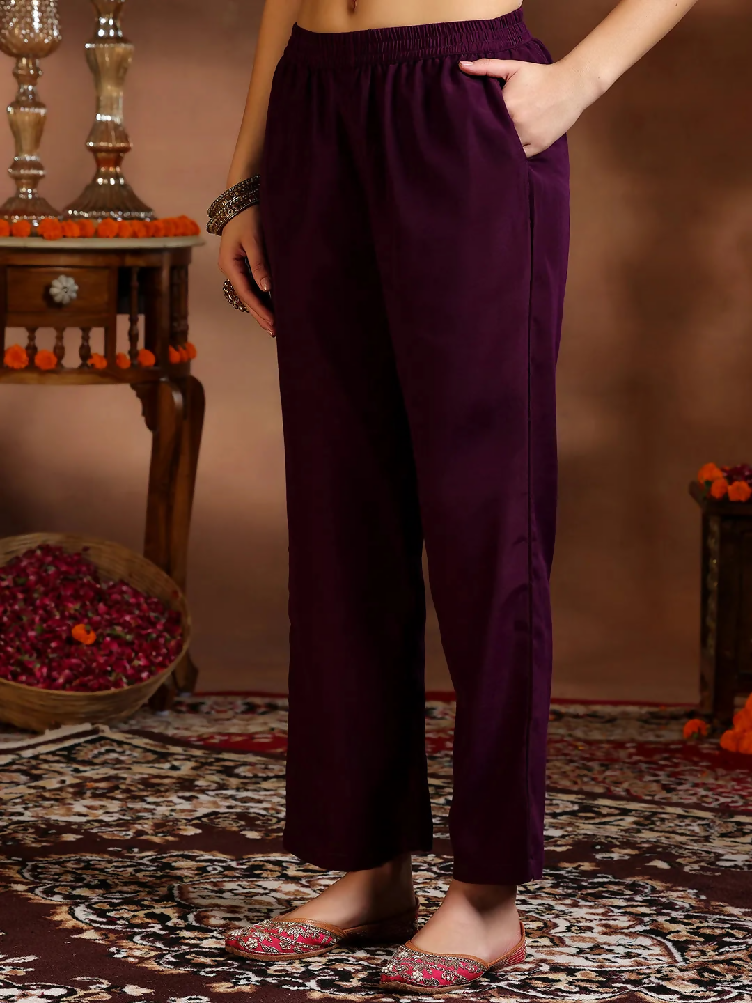 Women's LB Wine Embroidered Silk Blend Straight Suit With Dupatta