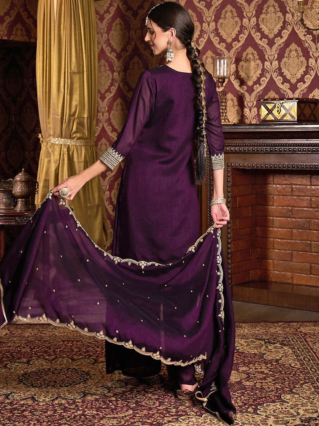 Dhiyona CH Women Ethnic Motifs Embroidered Regular Chinon Kurta with Palazzos & Dupatta