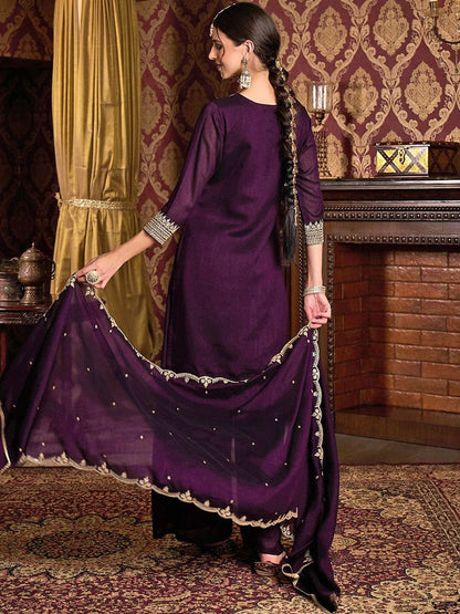 Dhiyona CH Women Ethnic Motifs Embroidered Regular Chinon Kurta with Palazzos & Dupatta