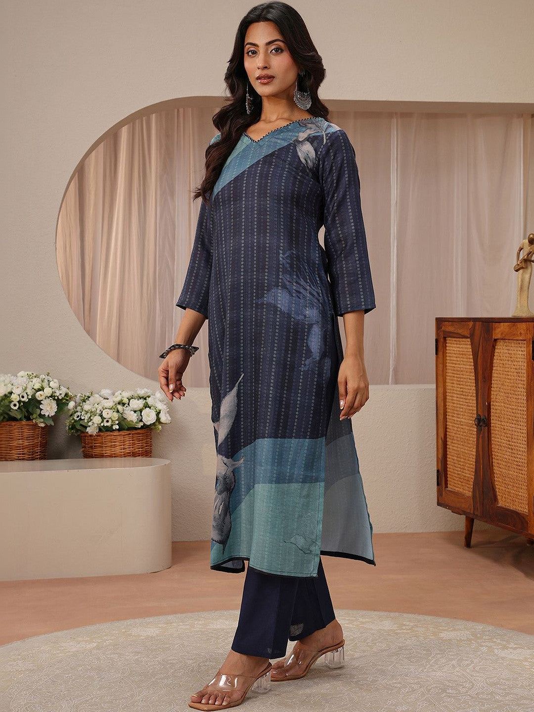 Blue Floral Printed Linen Straight Suit Set