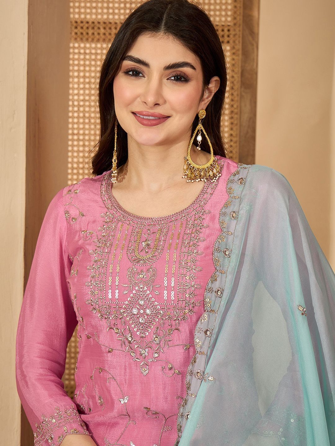 Dhiyona SN Women Ethnic Motifs Embroidered Regular Sequinned Kurta with Sharara & With Dupatta