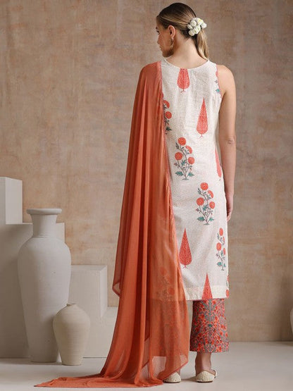 Women's Floral Printed Pure Cotton Straight Kurta with Palazzos & With Dupatta