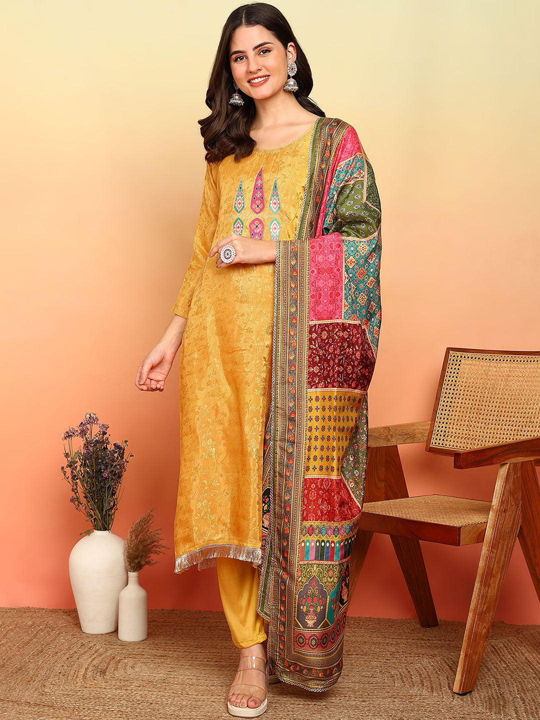 Dhiyona SN Floral Woven Design Round Neck Tissue Straight Kurta With Trousers & Dupatta