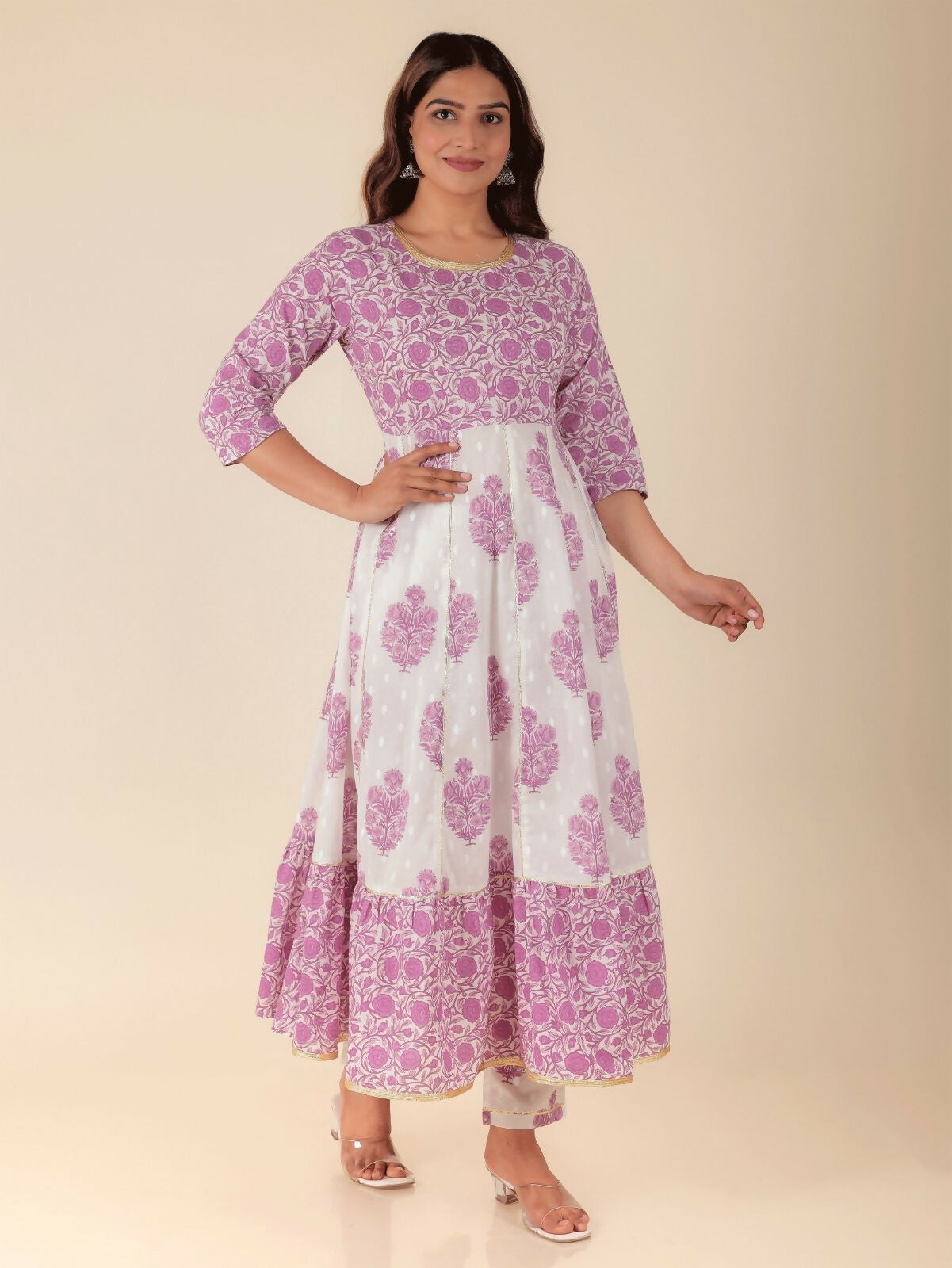 Women's Anarkali Soft Cotton Floral Print Women's Kurta - White