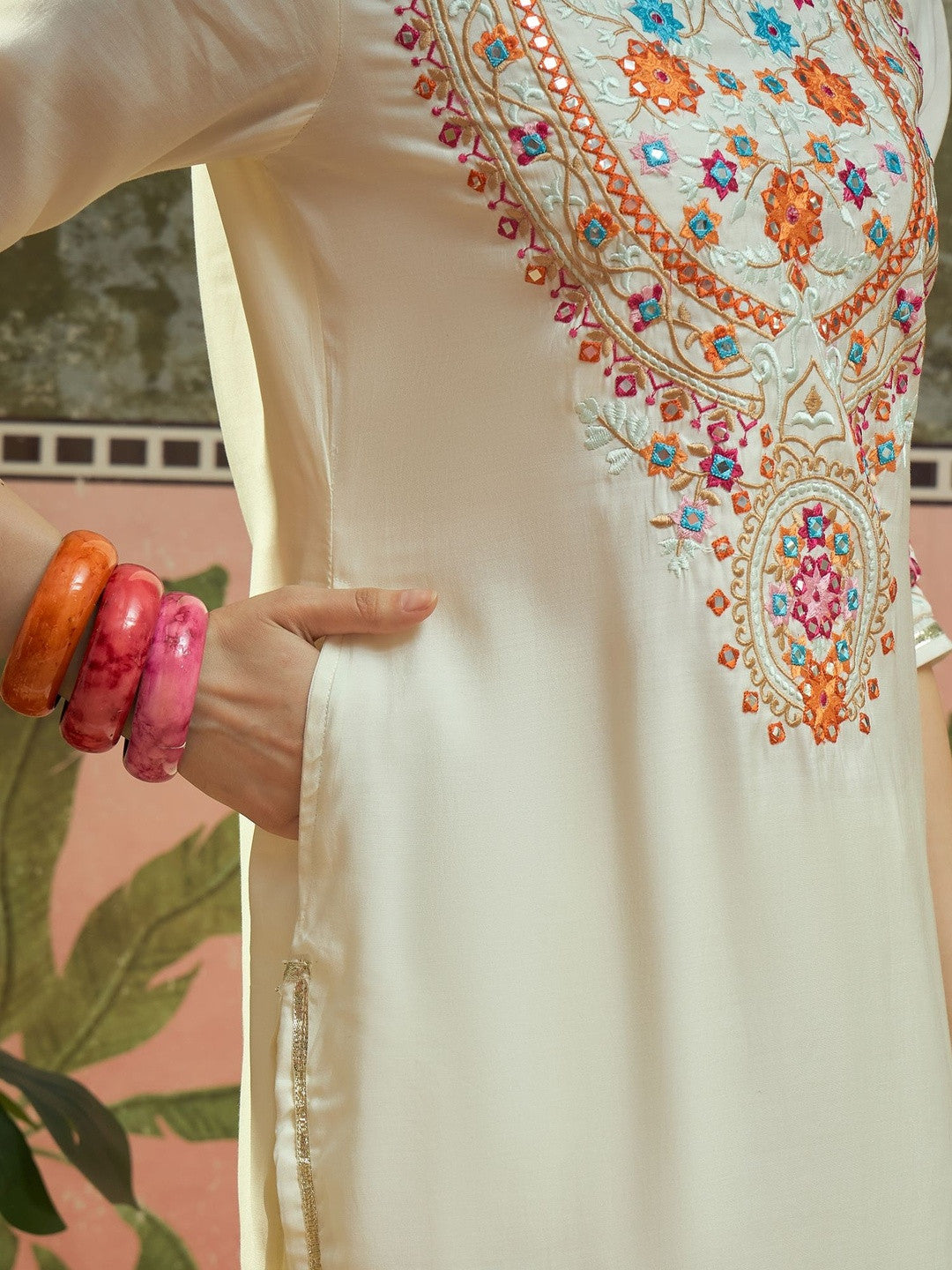 Embroidered Round Neck Kurta & Trousers With Dupatta