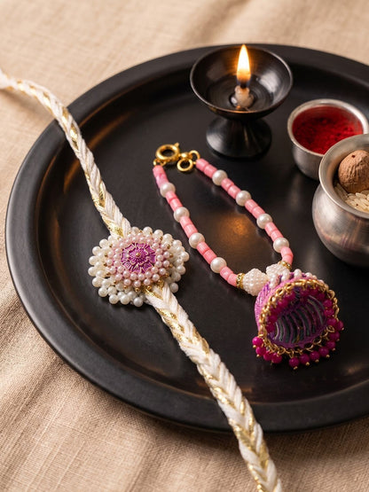 Dhiyona Set Of 2 Floral Perals Jhumka Design Bhaiya Bhabhi Rakhi With Roli Chawal Chandan