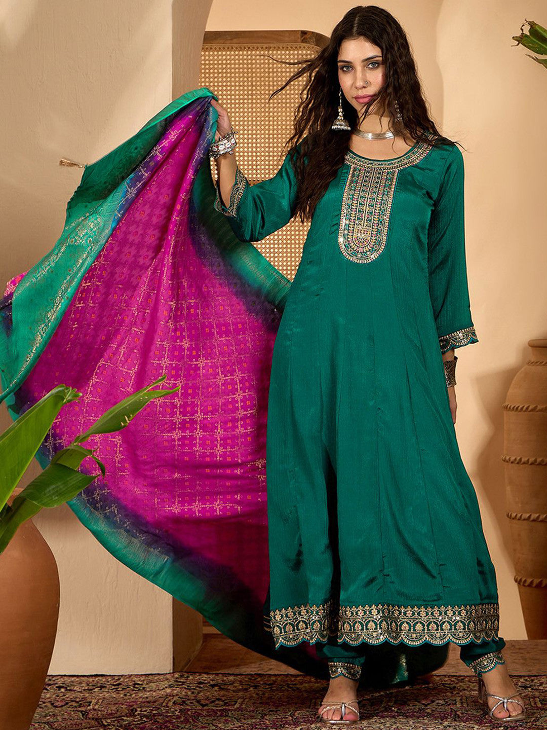 Dhiyona SN Zari Sequence Embroidered A-Line Kurta Trousers With Dupatta
