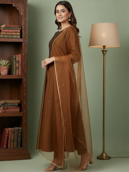 Solid Anarkali Kurta with Trouser & Dupatta