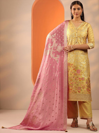 Floral Woven Design V-Neck Straight Kurta With Trousers & Dupatta