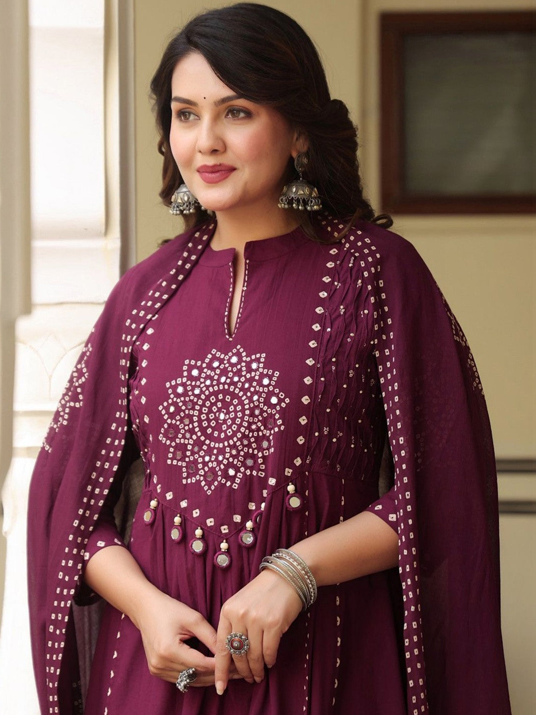 Women Ethnic Motifs Printed Empire Mirror Work Pure Cotton Kurta with Trousers & With Dupatta