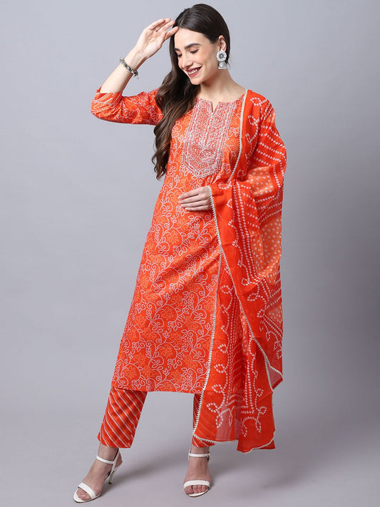 Dhiyona KL Women Floral Printed Cotton Kurta with Trousers & Dupatta