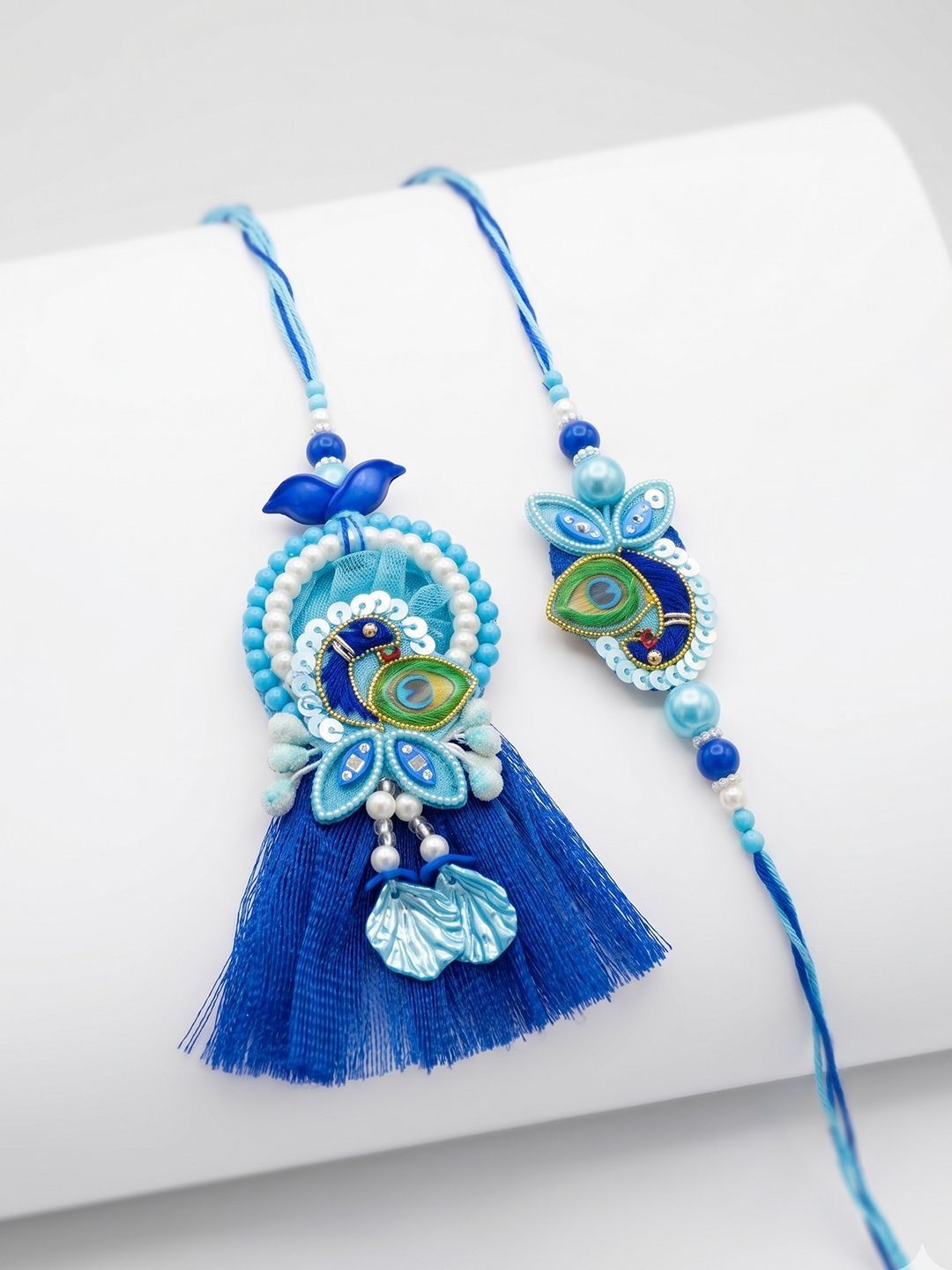 Dhiyona Set Of 2 Peacock Design Bhaiya Bhabhi Rakhi With Roli Chawal Chandan Mishri