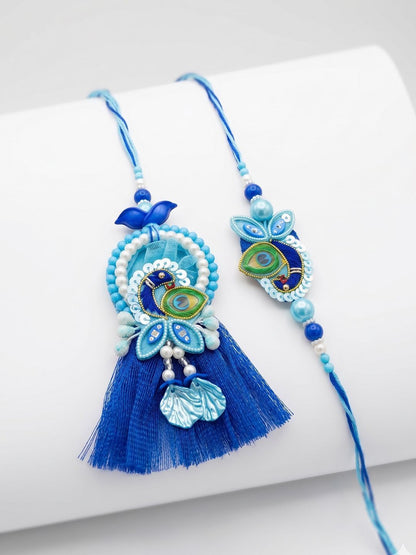 Dhiyona Set Of 2 Peacock Design Bhaiya Bhabhi Rakhi With Roli Chawal Chandan Mishri