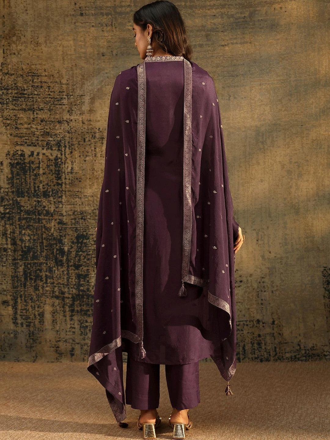 Burgundy Floral Woven Design Silk Blend Straight Suit Set