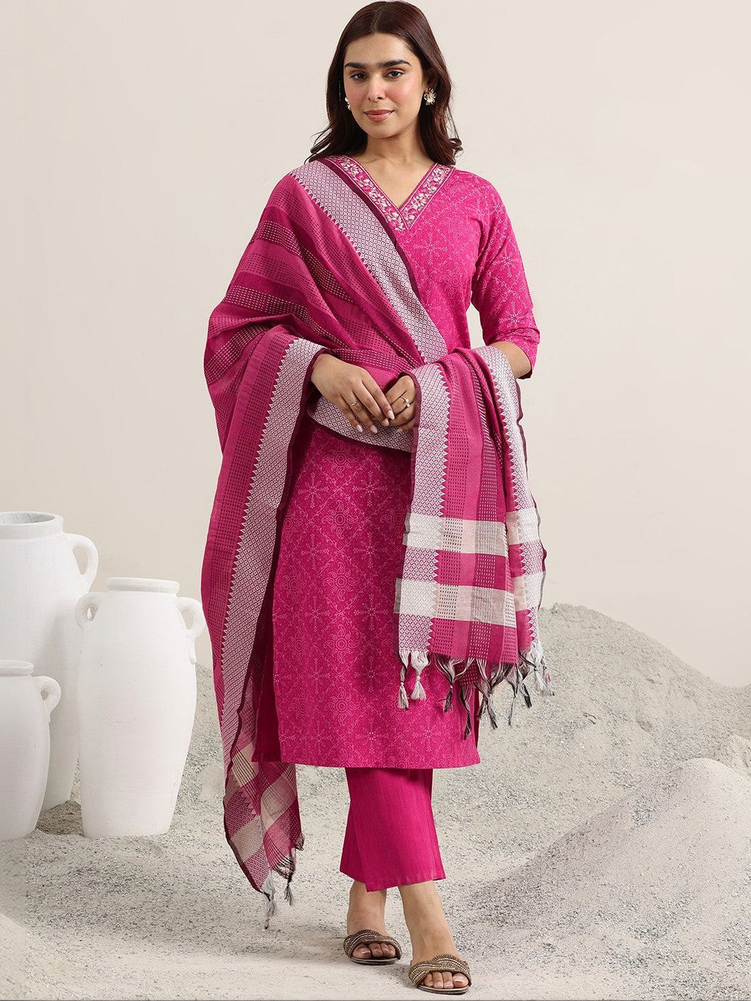 Women Ethnic Motifs Printed Regular Thread Work Kurta with Trousers & With Dupatta