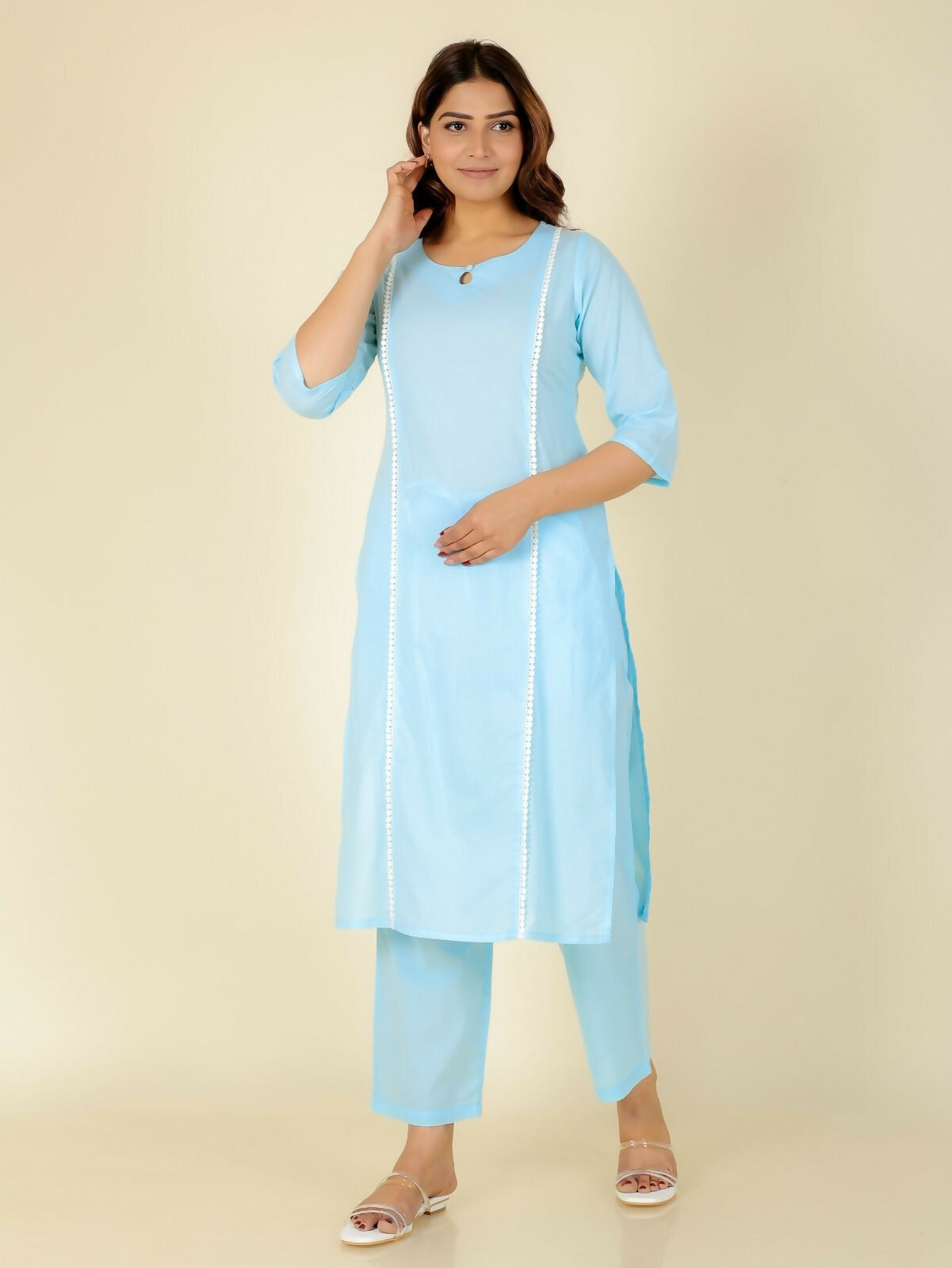 Women's Blue Soft Cotton Solid Print Panelled Kurta Pant Set for Women
