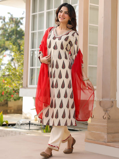 Dhiyona RR Women's Ethnic Motifs Printed Regular Beads and Stones Kurta with Trousers & With Dupatta