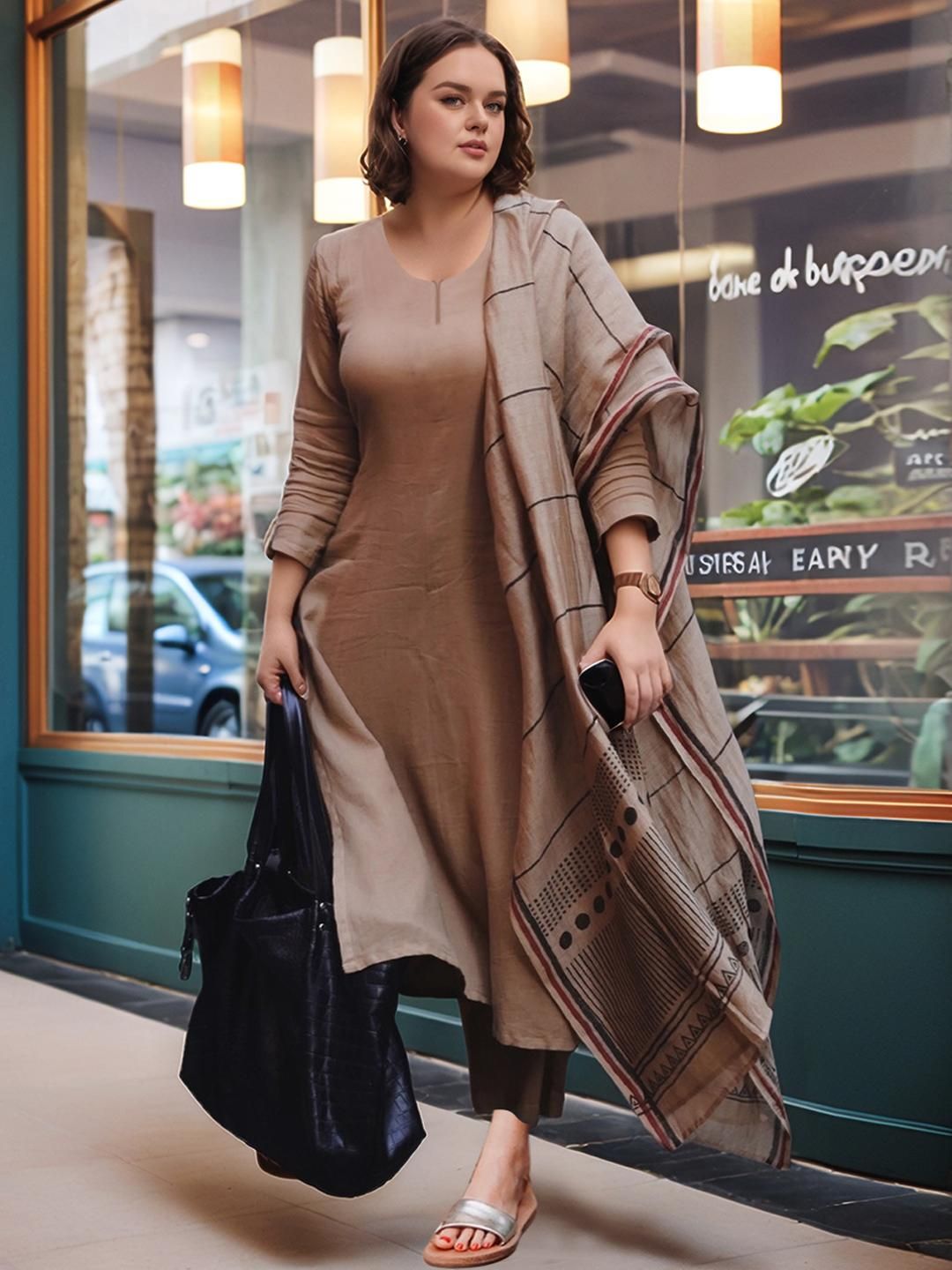 Dhiyona KL Women Beige Viscose Rayon Solid Kurta Sets