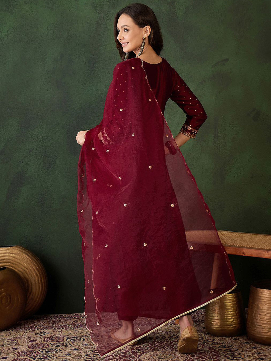 Geometric Printed Zari & Sequinned A-Line Kurta & Palazzo With Dupatta