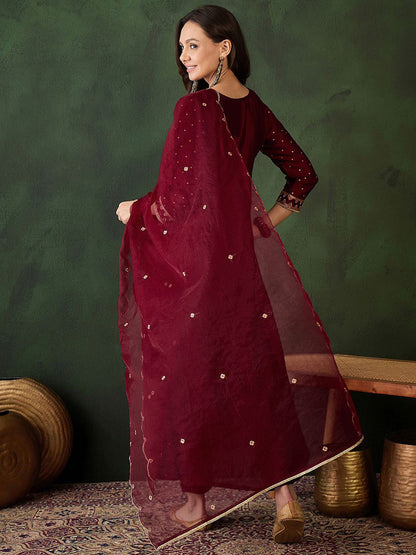 Geometric Printed Zari & Sequinned A-Line Kurta & Palazzo With Dupatta